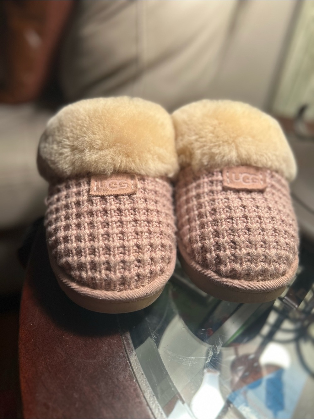 UGG Kids Blush Knit Slip-On Slippers with Cream Shearling Collar